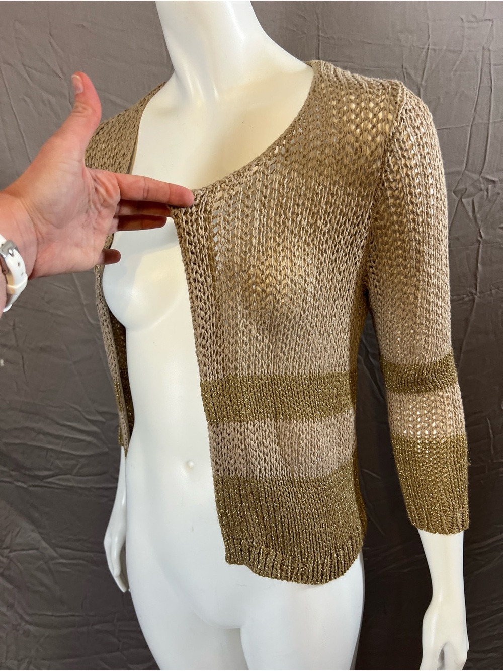 LOFT Open-Knit Striped Beige & gold Cardigan